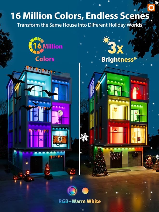 addlon Permanent Outdoor Lights, Smart RGB+IC LED Lights for House Outdoor | App & Remote Control, Scene Modes, IP67 Waterproof for Christmas, Holiday, Valentine's Day Decorations, 200FT