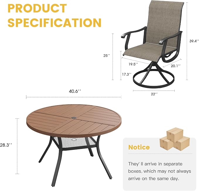 VICLLAX 5 Pieces Patio Dining Set for 4, Outdoor Furniture Set Includes 40.6" Round Outdoor Table and 4 Patio Swivel Chairs for Lawn Garden, Walnut Tabletop and Mixed Brown Fabric