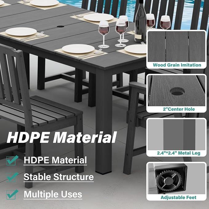 9 Piece Outdoor Dining Table Set for 8, Patio Chairs, Gray | 75.2” table,8 seat patio dining set, durable HDPE wood-look, table hole stable and spacious design for family gatherings
