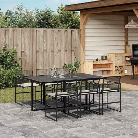 7 Piece Patio Dining Set with Cushions Black Poly Rattan Outdoor Garden Furniture Table and 6 Chairs Tempered Glass Top Foldable Compact Storage Weather Resistant UV Proof