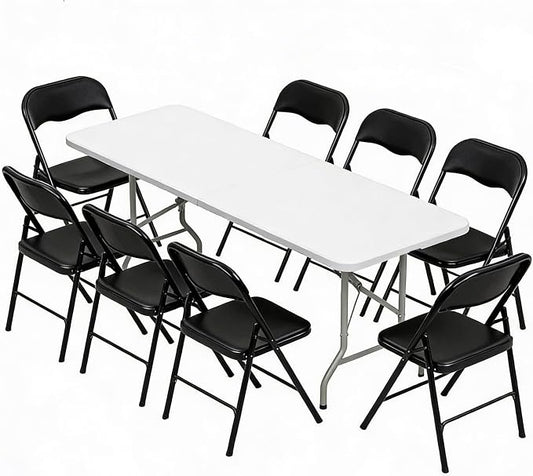 Elevon Folding Table Set with 8 Black Folding Chairs,8 Feet Heavy Duty Fold-in-Half Utility Table Sets for Picnic, Event, Training, Outdoor Activities, at Home and Commercial Use