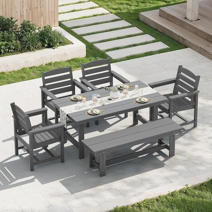 KINGYES 6-Piece Patio Dining Set, HDPE Outdoor Table and Chairs with Bench, Grey