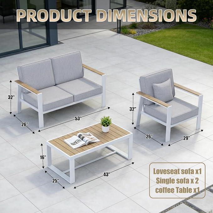 Premium Aluminum Patio Furniture Set 4 Piece,Outdoor Conversation Set with Wide Armrest,5" Thick Cushions, Olefin Fabric,Rustproof Metal Frame,Deep Seating Patio Sofa Set for Backyard,Deck,villa,White