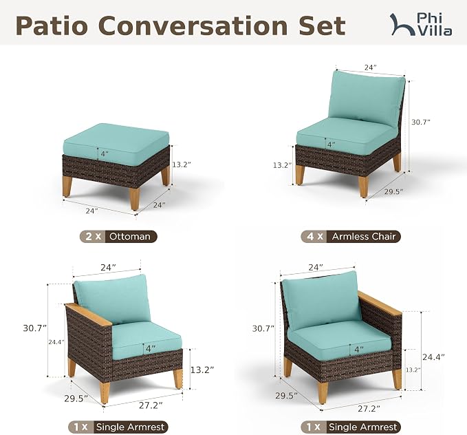 PHI VILLA 8-Piece Wicker Furniture Set, Rattan Patio Conversation Set Outdoor Sectional for 8 Seats with 4 x Armless Sofa, 2 x Armrest Chair and 2 x Ottoman, Aqua Blue