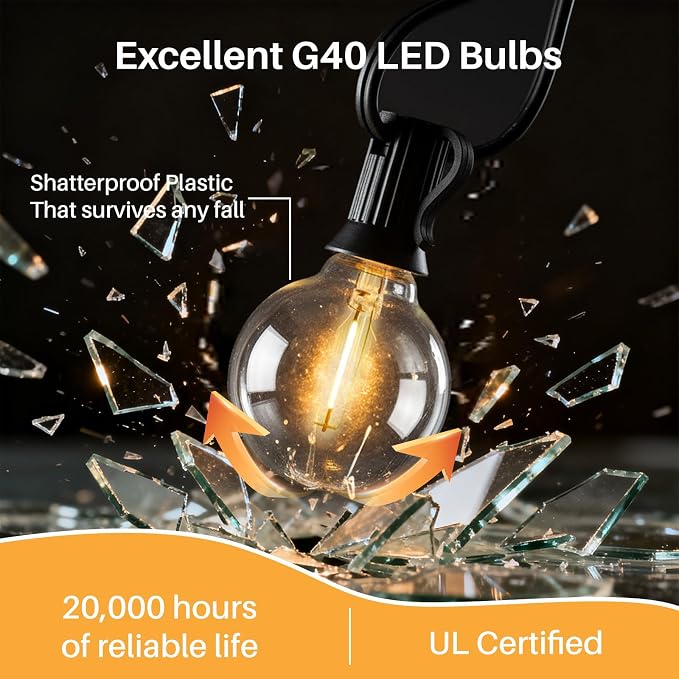 25 FT 2200K Outdoor String Lights,13 Plastic Edison Bulbs, E12 Base | G40 globe shatterproof bulbs, IP65 waterproof, dimmable LED, for backyard porch balcony party decor