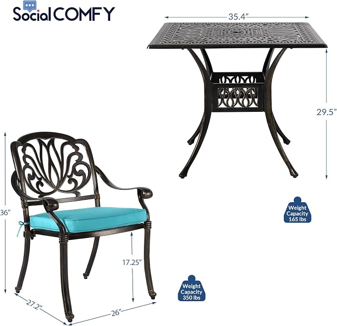 5-Piece Outdoor Patio Dining Set, All-Weather Cast Aluminum Patio Table Set, Include 4 Cushioned Chairs and a 35.4 inch Square Table w/Umbrella Hole for Balcony Garden Backyard, Ocean Blue