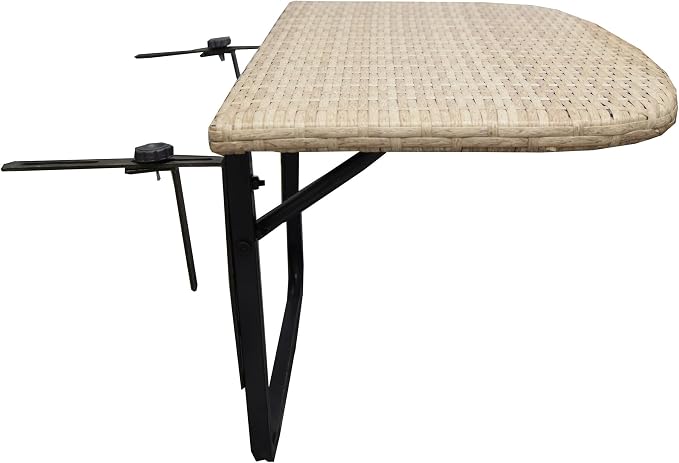 White Indoor and Outdoor Foldable Wicker Balcony Table with Metal Frame and Adjustable Clamps
