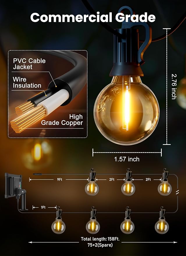 Brightown 158FT 77LED Solar String Lights Outdoor with Remote & USB Port | Shatterproof Bulbs, Dimmable & Timable, 3 Modes, Solar Patio Lights with a Mount Clip for Camping Backyard Garden Decor
