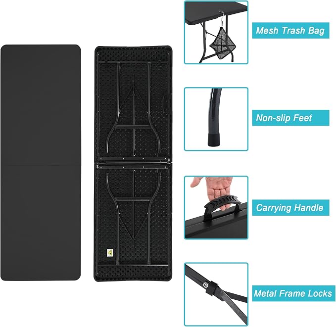 VECELO 6Ft Folding Picnic Table,Indoor Outdoor Plastic Portable Foldable Desk with Handle, Mesh Trash Bag&Lock Legs Heavy Duty for Camping, Dining, Party, Black