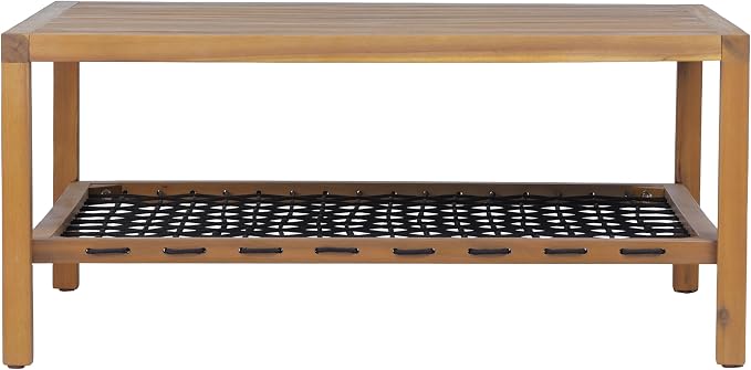 Christopher Knight Home Outdoor Acacia Wood Coffee Table with Woven Rope Storage Shelf Square Patio Coffee Table 35.43 Inch for Balcony Backyard Poolside Natural Wood Finish