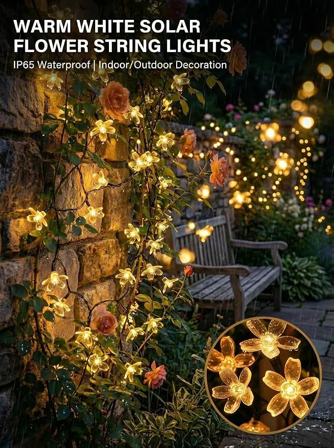 ITICdecor 2 Pack 50 LED Solar String Lights Outdoor Waterproof Flower Solar Lights for Garden Yard Fence Patio Christmas Tree Wedding Party Decor(Warm White)