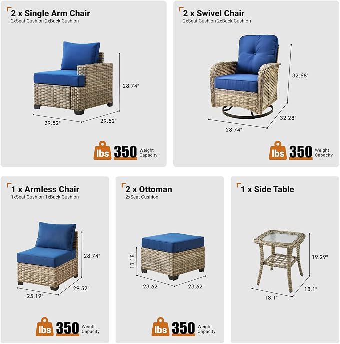 ovios 8 Piece Patio Sectional Furniture with Swivel Rocking Chairs, Rattan Wicker Coversation Couch Set, Outdoor Sofa Set for Outside Porch Balcony Backyard Pool, Navy Blue
