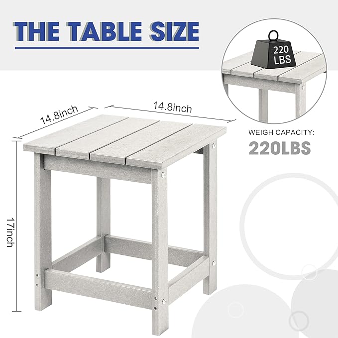 LZRS Patio End Table, Heavy Duty HDPE Outdoor Coffee Table with Wood Texture, Weatherproof Composite Table for Adirondack Chairs, Deck, Pool, Indoor/Outdoor, No Peeling or Cracking(White)