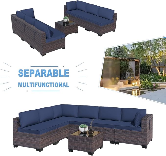 7 Pieces Outdoor Wicker Patio Furniture Set with Rattan Sectional Sofa, Tempered Glass Tea Table and 6 Sand Seat Cushions, Garden Deck Lounge Conversation Couch Set for Backyard Porch