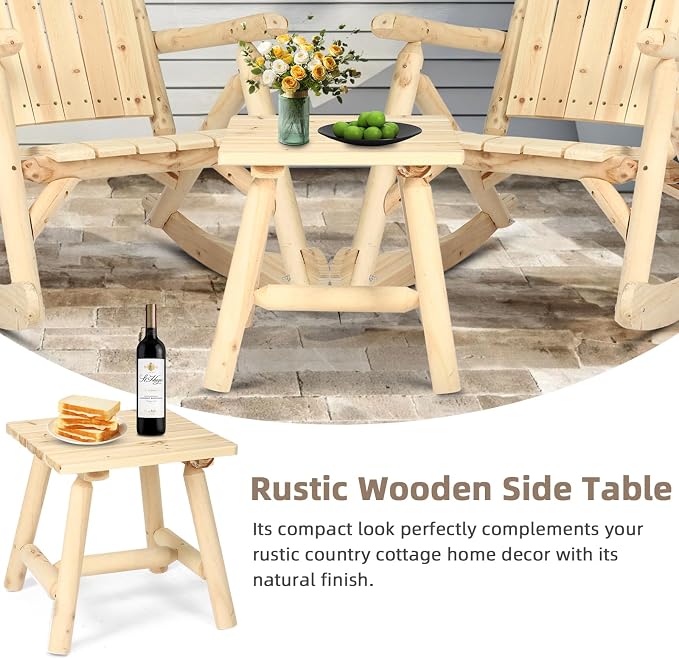 Outdoor Adirondack Log Side Table, 19.5" Thick Wooden Patio Square End Table with Slatted Tabletop, Solid Wood Rustic Accent Table for Indoor & Garden Deck Porch Balcony Backyard, Natural