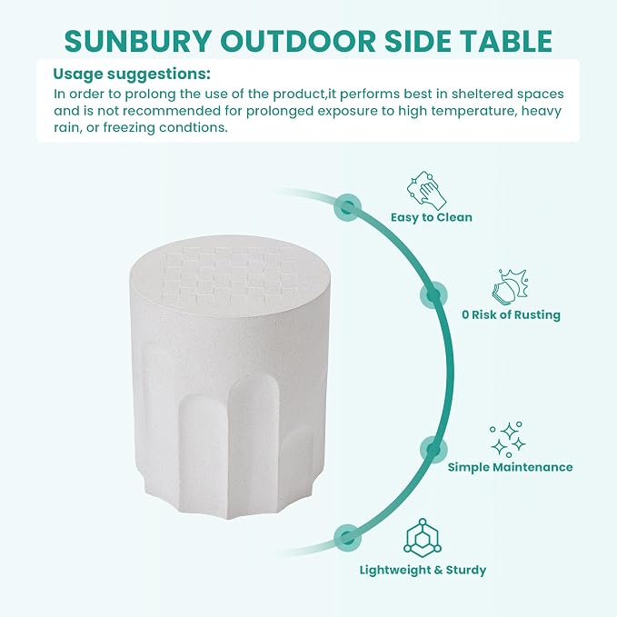 SUNBURY Outdoor Side Table, 15" W Small Outdoor End Table, Concrete Side Tables w Chessboard, Lightweight MgO Round Patio Side Tables, Garden Stool Plant Stand for Yard, Front Porch, Spotted White