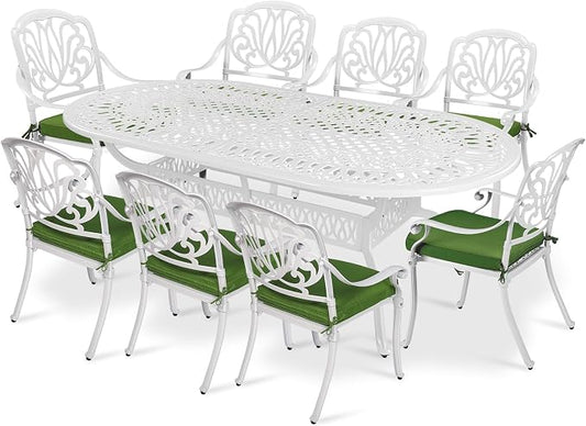 VIVIJASON 9-Piece Outdoor Furniture Dining Set, All-Weather Cast Aluminum Patio Conversation Set Include 8 Cushioned Chairs and an Oval Table with Umbrella Hole for Lawn Backyard (White/Green Cushion