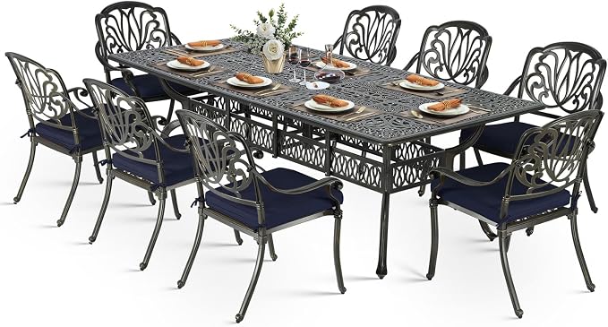 VIVIJASON 9-Piece Outdoor Dining Set, All Weather Cast Aluminum Retro Patio Furniture Table and Chairs Set for 8, Include 94.5" Rectangular Table and 8 Chairs with Umbrella Hole, Navy Blue Cushion