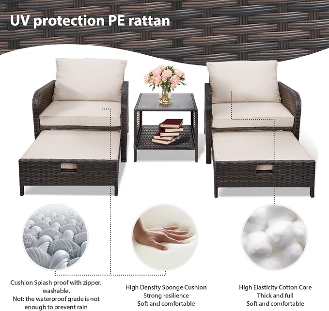 LEVELEVE Balcony Furniture 5 Piece Patio Conversation Set, PE Wicker Rattan Outdoor Lounge Chairs with Soft Cushions 2 Ottoman&Glass Table for Porch, Lawn-Brown Wicker