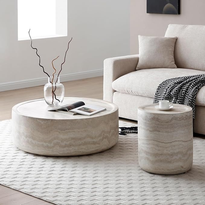 Faux Marble Round Side Table for Living Room Faux Stone Side Table End Tables Modern Travertine Circle End Tables for Apartment, No Need Assembly (Fiberglass-15.74'')