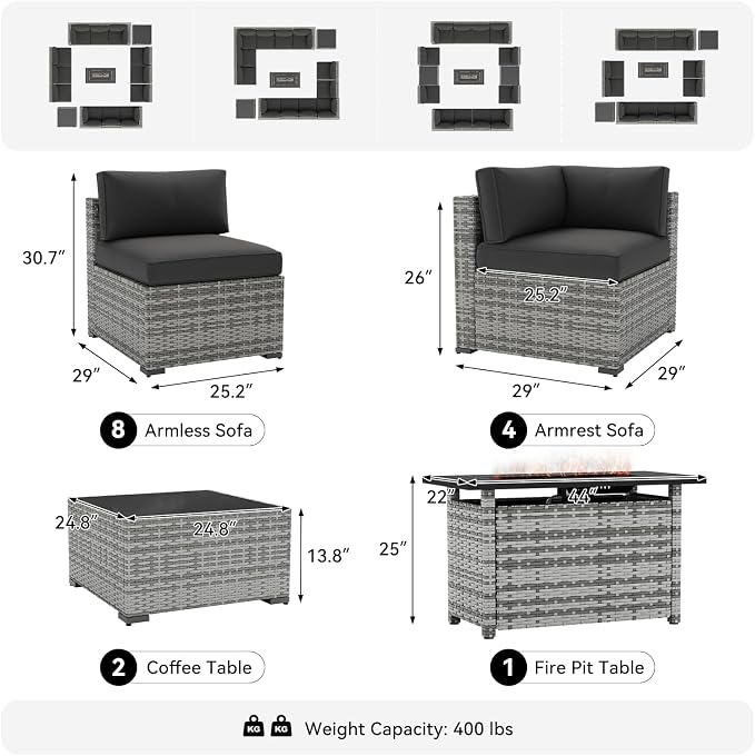 LazySunsets 15-Piece Patio Furniture Set with 44" Fire Pit Table, Wicker Outdoor Furniture, Patio Conversation Sets with Coffee Table, Outdoor Sectional Couch, Black