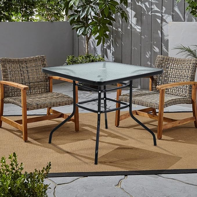 Premium Square Patio Table with 2 In Umbrella Hole,32 In Tempered Glass Top,Outdoor Coffee Table for Patio,Balcony, Backyard,Poolside,and Sunroom - Small Patio Table with Umbrella Hole (Square)