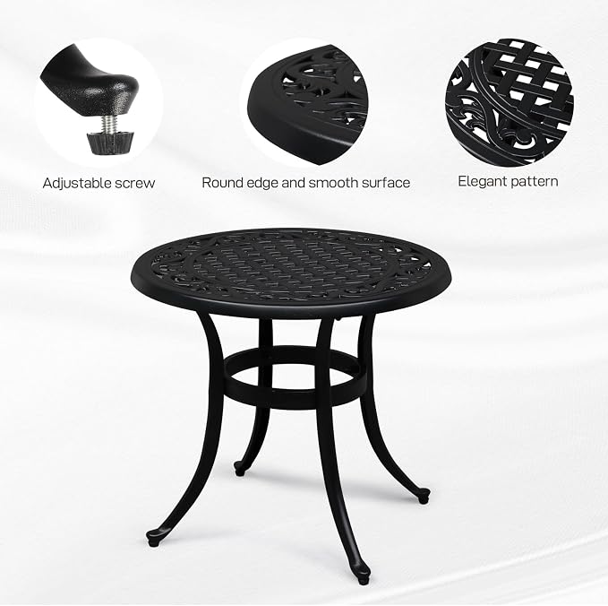 VINGLI 24” Cast Aluminum Outdoor Side Table, All Weather Round Patio Side Table End Table for Porch Backyard Balcony Outside (Black)