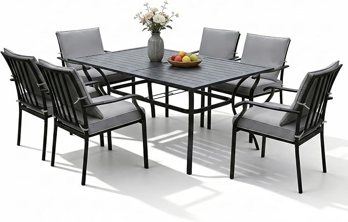 LVUYOYO 7-Piece Outdoor Patio Dining Set, Metal Stackable Chair & Rectangular Table Set, All-Weather Furniture for Backyard, Garden,Balcony,Porch (Gray)