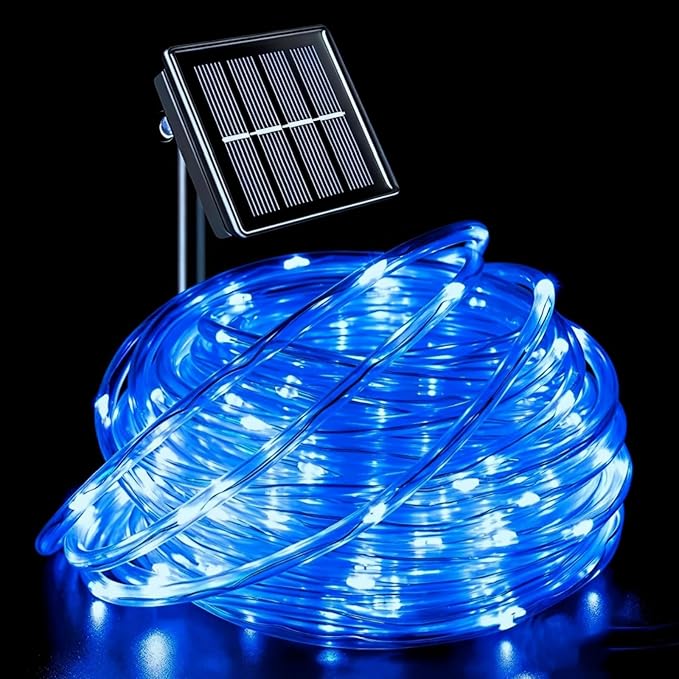 QITONG Blue Solar Rope Lights, 66ft 200 LED String Lights Outdoor, Fairy Lights in Clear Thin Tube with 8 Modes