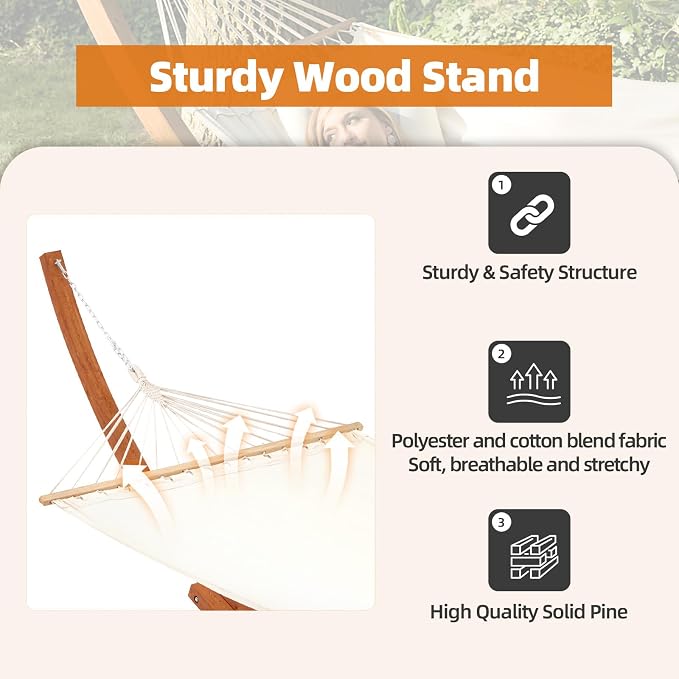 ECOTOUGE 12 FT Wooden Hammock with Stand, Outdoor Hammock with Wood Stand for Single Person Heavy Duty Hammock and Stand for Outside Backyard, Balcony, Porch, Patio, Garden, 330 lbs Capacity, White