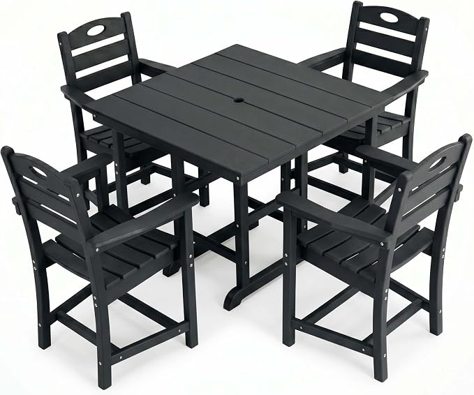 WILLIAMSPACE 37.8" Outdoor Patio Dining Set with 4 Armchairs, All Weather HDPE Square Dining Table with Umbrella Hole, Patio 5-Piece Bistro Set for Backyard, Balcony, Lawn, Kitchen (Black)