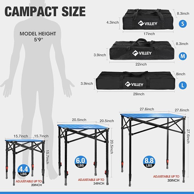 VILLEY Folding Camping Square Table with Carry Bag, Lightweight Aluminum Adjustable Square Table for Outdoor, Camping, Picnic, Backyards, BBQ, Medium