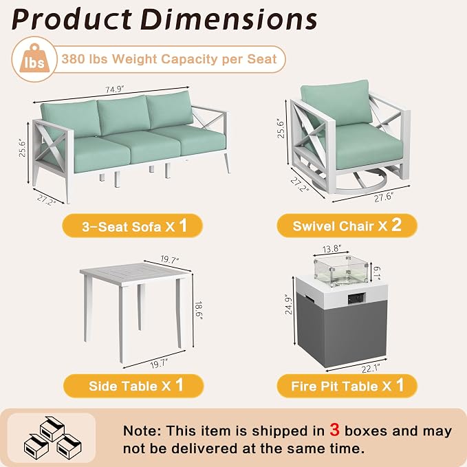 Aluminum Patio Furniture Set with Fire Pit Table, 7-Piece All-Weather Outdoor Conversation Set with Swivel Rocking Chairs, Oversized Modern Sofa for Backyard,Deck,Balcony–White