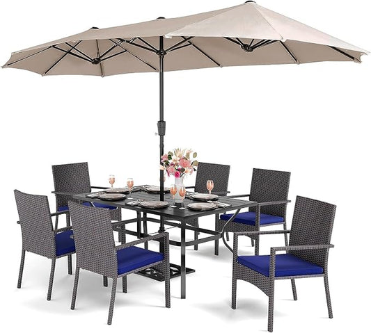 PHI VILLA 7pc Patio Dining Set with Beige Umbrella, 6 Rattan Chairs | PE Rattan Chairs with Cushion, 13ft Large Beige Umbrella, Powder-coated, for Deck, Yard, Porch