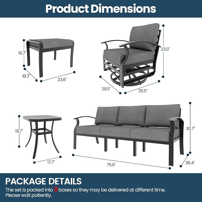Aluminum Outdoor Patio Furniture Set,5 Seats Patio Conversation Sets with 2 Ottomans,Metal Patio Sectional Furniture Set with 2 Swivel Rocking Chairs,Grey