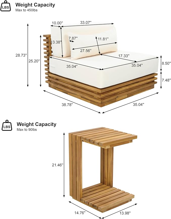 Christopher Knight Home Oversized Outdoor 2 Piece Chat Set Acacia Wood Patio Club Chair and Side Table Natural Finish Water Repellent Cushions Deep Seat Patio Furniture Set Beige