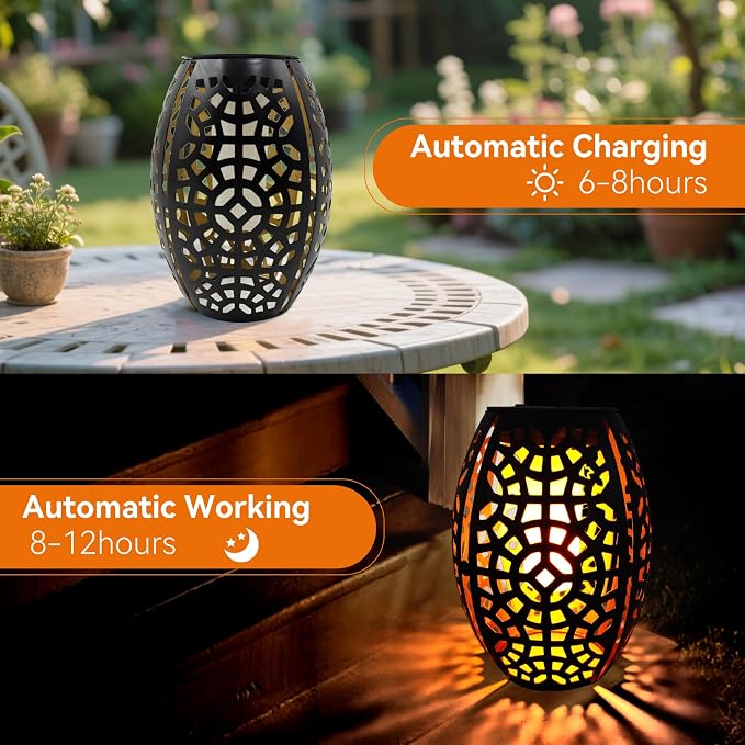 2PCS Solar Table Lanterns Flickering Flame Outdoor Black Geometric | Waterproof Metal Hollow Design, 7.3" H Black Geometric Figure, Solar Flickering Flame, Ideal For Tabletop Garden Patio Decor