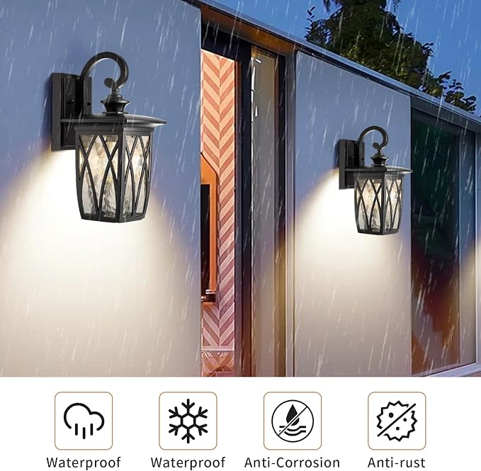 Outdoor Porch Light Wall Mount,18'' Exterior Waterproof Wall Lighting Fixtures,Wall Sconce Light with E26 Socket & Water Ripple Glass Shades, Matte Black Outside Wall Lantern for Patio Front Door