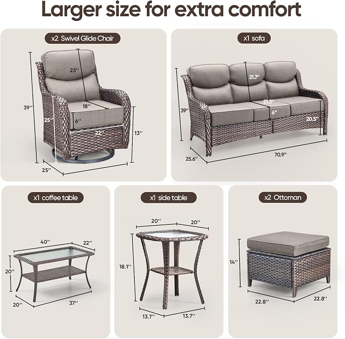 Swivel Patio Chairs sofa Set of 7 with 6" Thick Cushion - Wicker Outdoor Swivel Rocker Patio Chair ,Sofa/Glass coffee table, High Back Comfortable Outdoor Glider Chairs - Brown Wicker | Gery Cushions