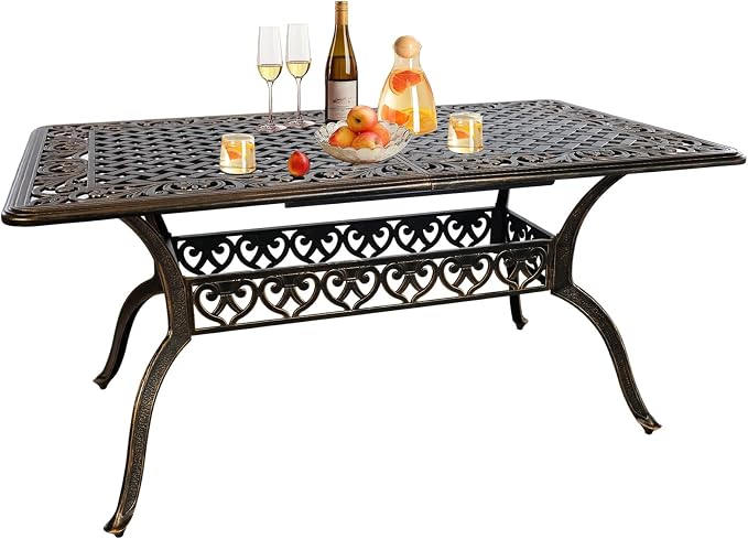 Rectangle Patio Table 59" Cast Aluminum Patio Dining Table with 2.56" Umbrella Hole, Weather-Resistant Outdoor Dining Table for 6-8 Person, Balcony Garden Table 59" x 35.5" x 29", Bronze