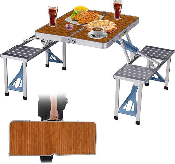Picnic Table Folding Portable 4-Person Fold Up Travel Camping Table for Indoor, Outdoor Travel, Patio, Lawn, Garden (Bamboo Table)
