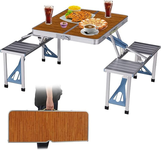 Picnic Table Folding Portable 4-Person Fold Up Travel Camping Table for Indoor, Outdoor Travel, Patio, Lawn, Garden (Bamboo Table)