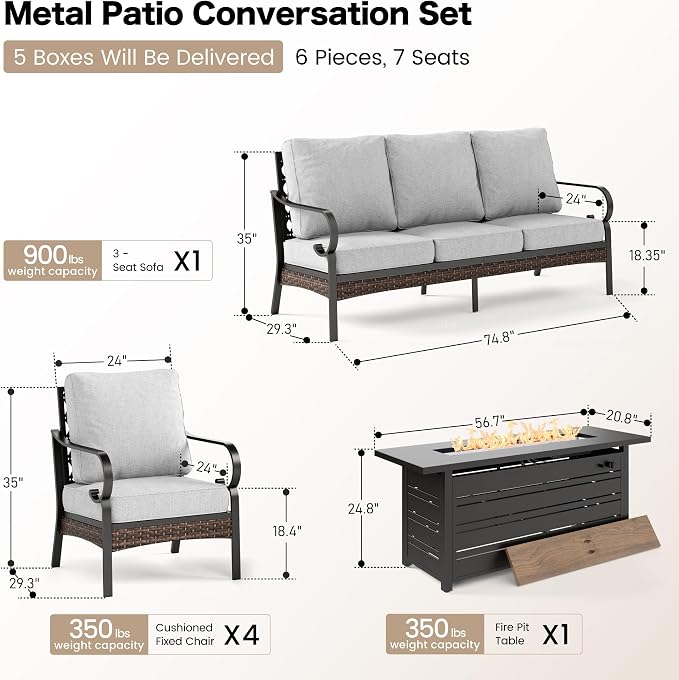 SUNSHINE VALLEY 6 Piece Black Metal Outdoor Patio Furniture Sets with Firepit Table, Patio Conversation Sets 1 3-Seater Sofa, 4 Single Sofa with 5.75" Cushion Backyard Furniture for Deck, Light Gray