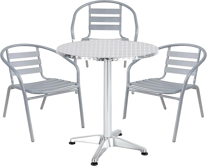 BTEXPERT Gray Indoor Outdoor Restaurant Stainless Steel Silver Aluminum + 3 Metal Slat Stack Commercial Lightweight, 3 Chairs with a 27.5" Round Table