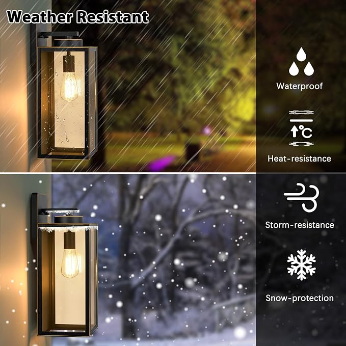 BesLowe 15’’ Large Outdoor Wall Lights, Porch Lights Black with Gold Trim | Waterproof Metal Construction, Rust-resistant, Quick & Easy Installation, Clear Glass Shades & Standard E26 Socket