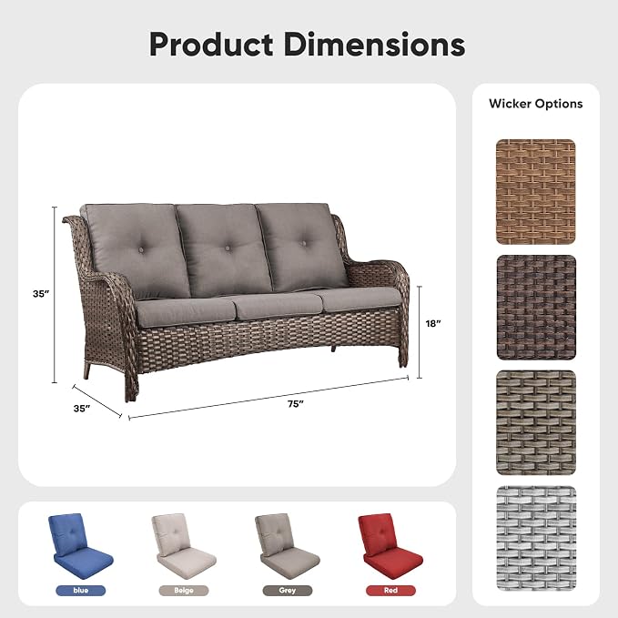 Belord Patio Sofa Luxury PE Wicker 3-Seater Outdoor Couch, Modern All-Weather High Back Deep Seat Woven Furniture Set for Porch, Deck, Balcony, Backyard - Brown/Grey