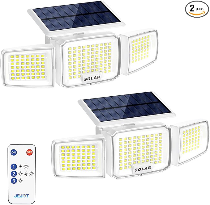 JEJOT White Solar Security Light Outdoor Super Bright LED, Motion Sensor Flood Light, 3 Heads 270° Wide Angle, Remote Control, IP65 Waterproof, 3 Modes (2 Packs)