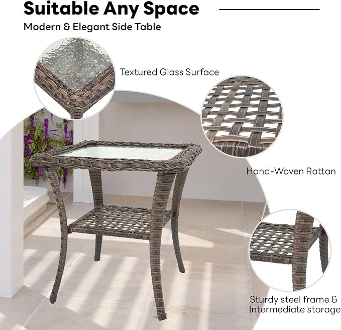 Belord Handwoven Wicker Side Table - 20 Inch Small Outdoor Table 2 Tier Storage with Tempered Glass Top, All Weather Outdoor Patio End Tables for Deck Balcony Outside Brown