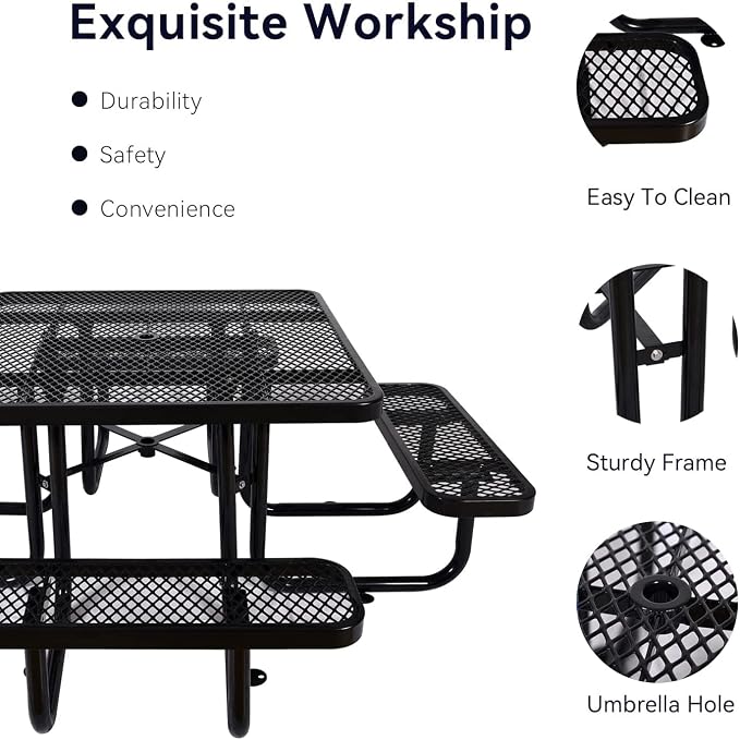 Heavy Duty Picnic Table for Outdoors 3200 lbs Load All Metal Dining Table with Umbrella Hole up to 1.5", Square Picnic Table for Commercial Camping Table with Benches, Black
