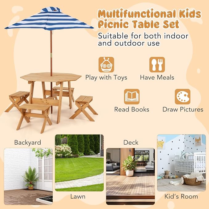 HONEY JOY Kids Picnic Table, Fir Wood Octagon Table & 4 Stool Set, Stripe Fabric Umbrella, Toddler Picnic Table for Outdoors, Children Backyard Furniture for Patio Garden (Natural)